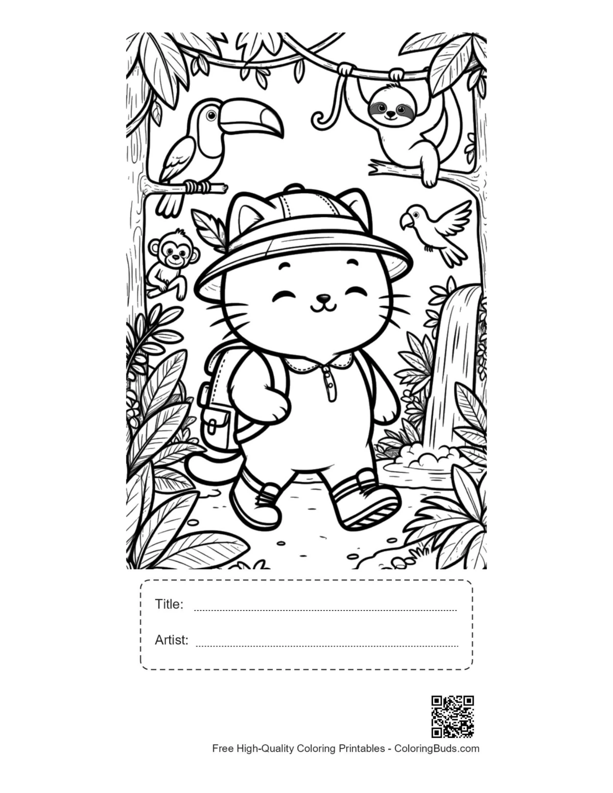 Cute hiker kitten jungle printable with title box