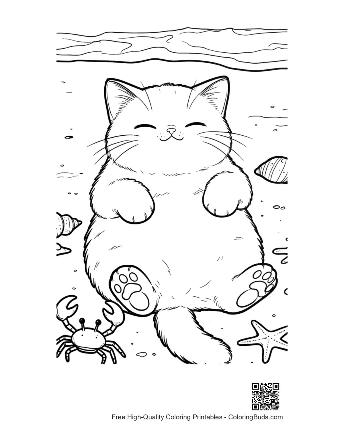 Cute kitten sunbathing on tropical beach printable