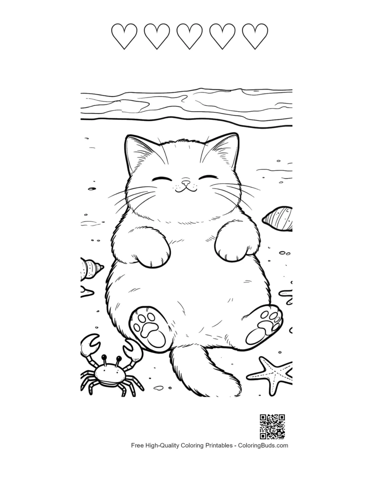 Cute kitten ocean printable with 5-heart outlines