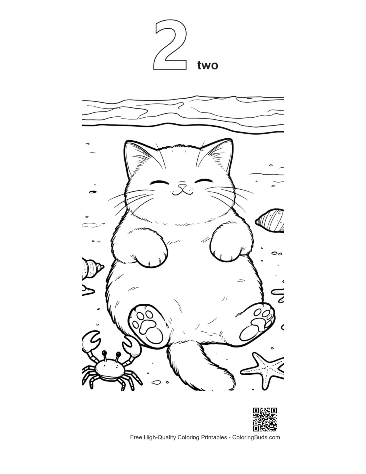 Outline 2 of cute kitten on tropical beach printable