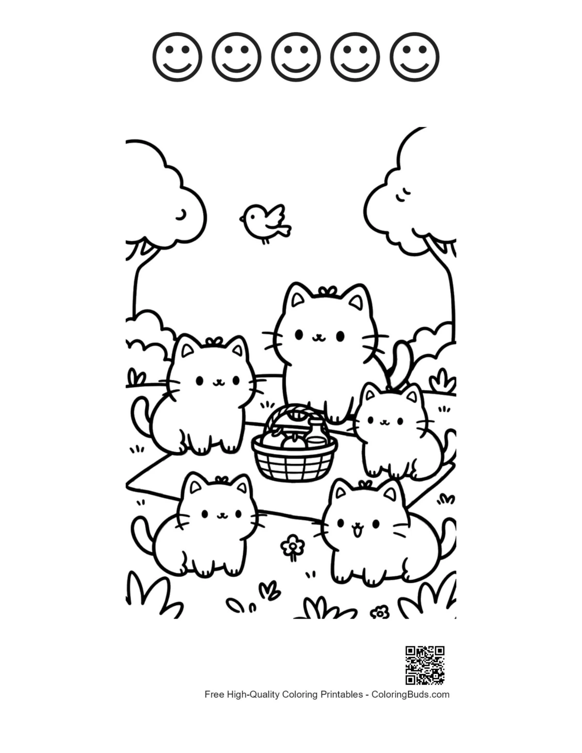 Cute kittens picnic 5 happy face outline