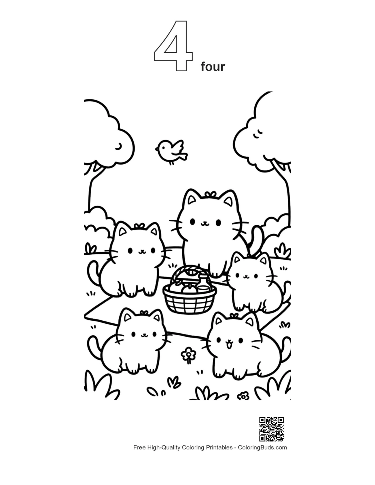 Cute kittens picnic outline number 4 printable