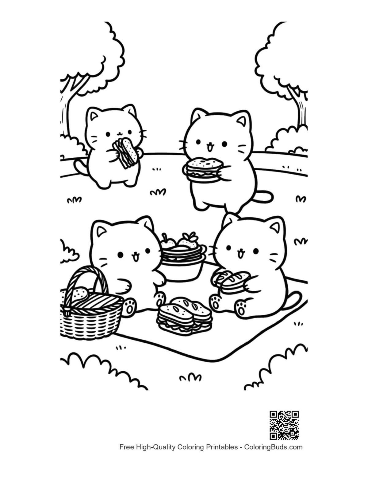 Cute kittens picnic in woods coloring printable