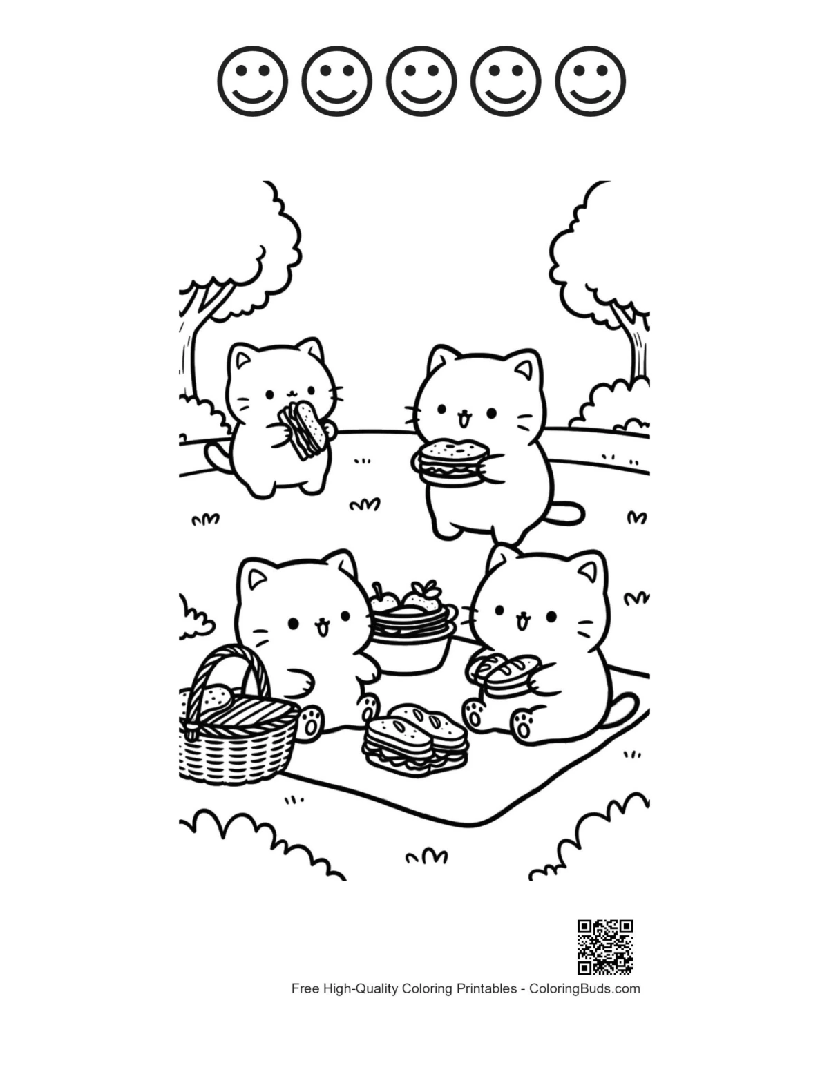 Cute kittens picnic 5 happy faces printable
