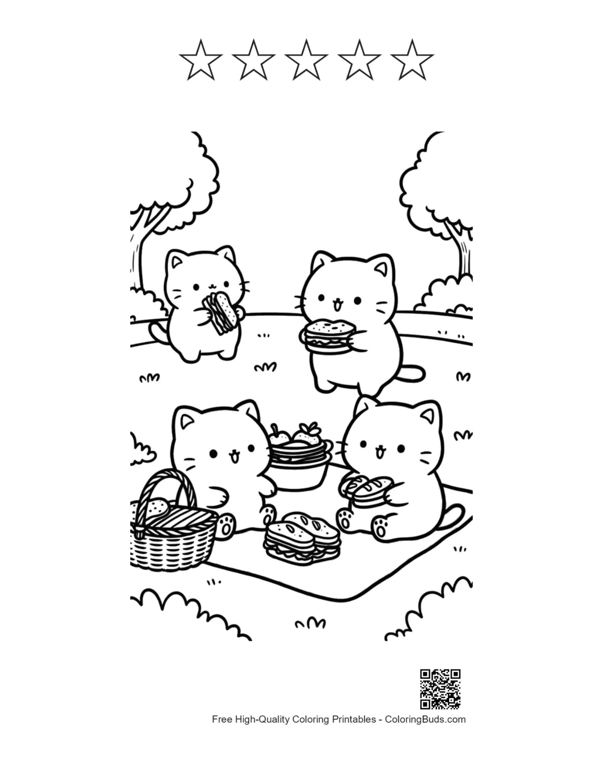 Cute kittens picnic with 5 stars outline