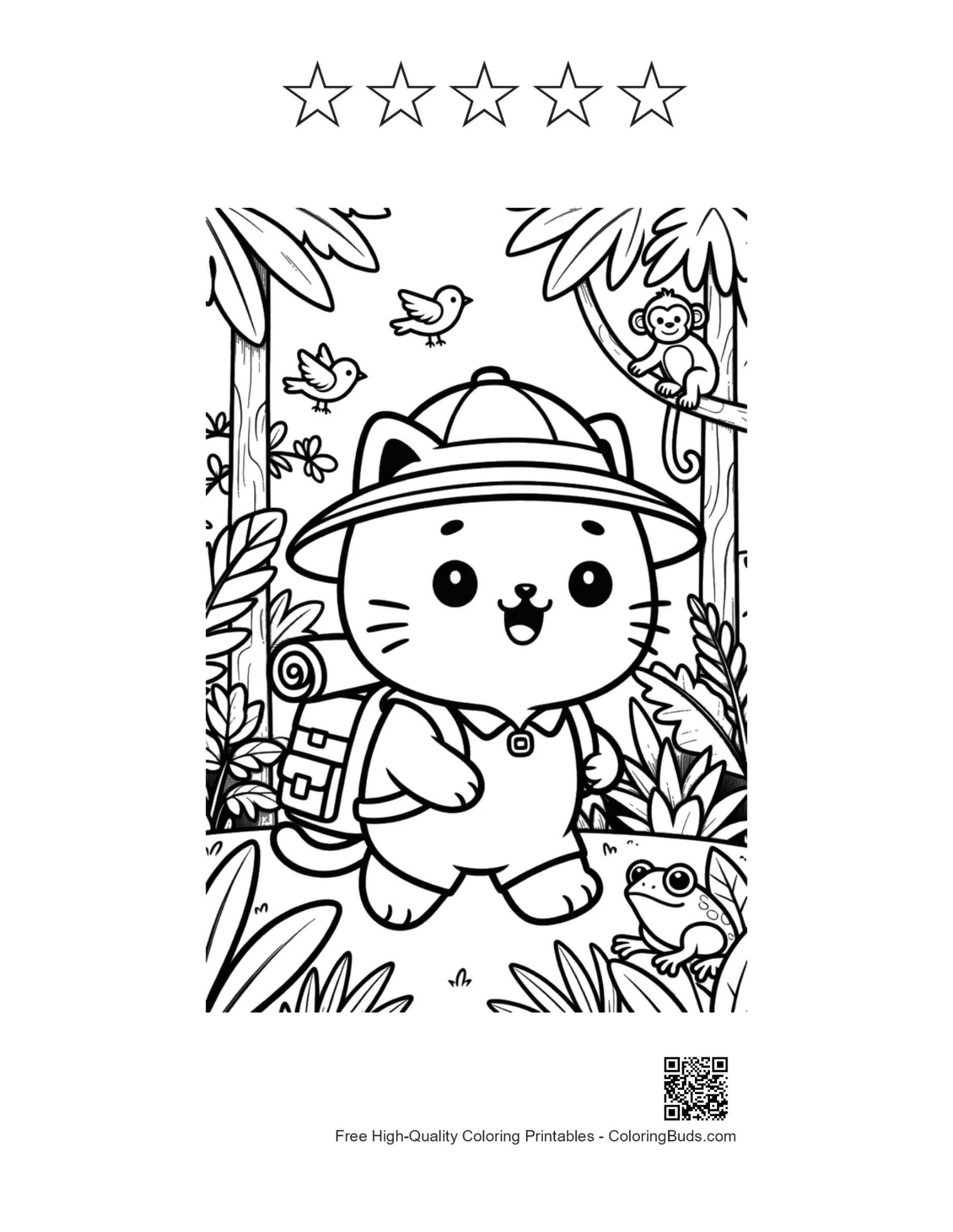Explorer cat jungle with 5 stars outline page