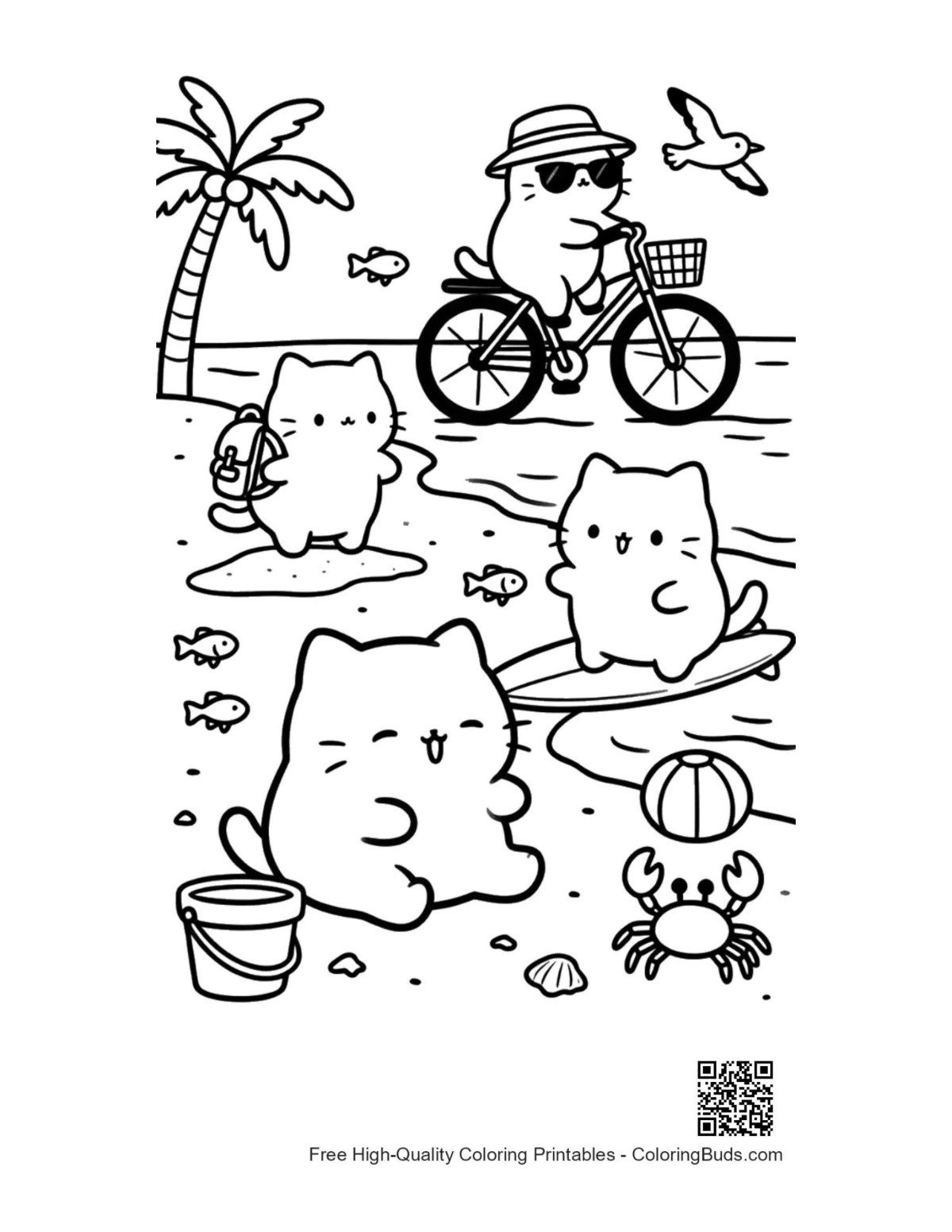 Happy kitten biking beach path palm tree coloring page