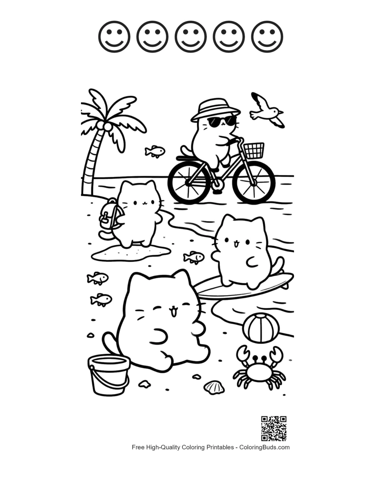 Kitten beach bike 5 happy face outline coloring page