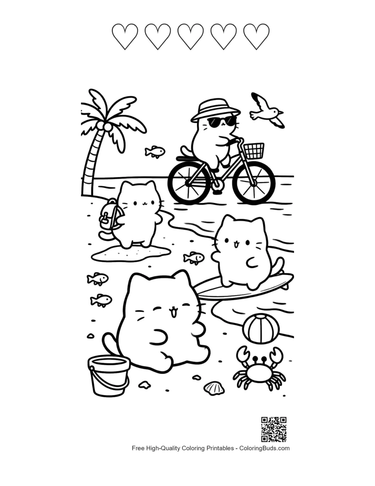 Happy kitten cycling beach 5 heart outline printable