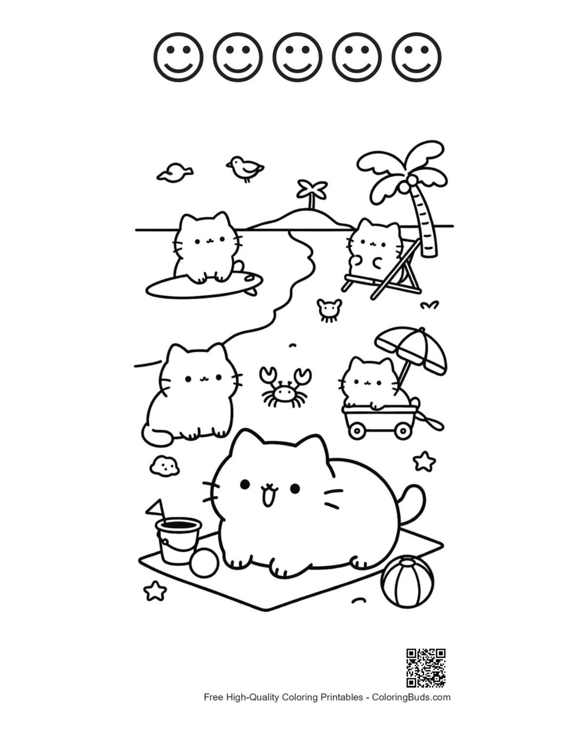 Kittens beach balls 5 happy faces outline printable