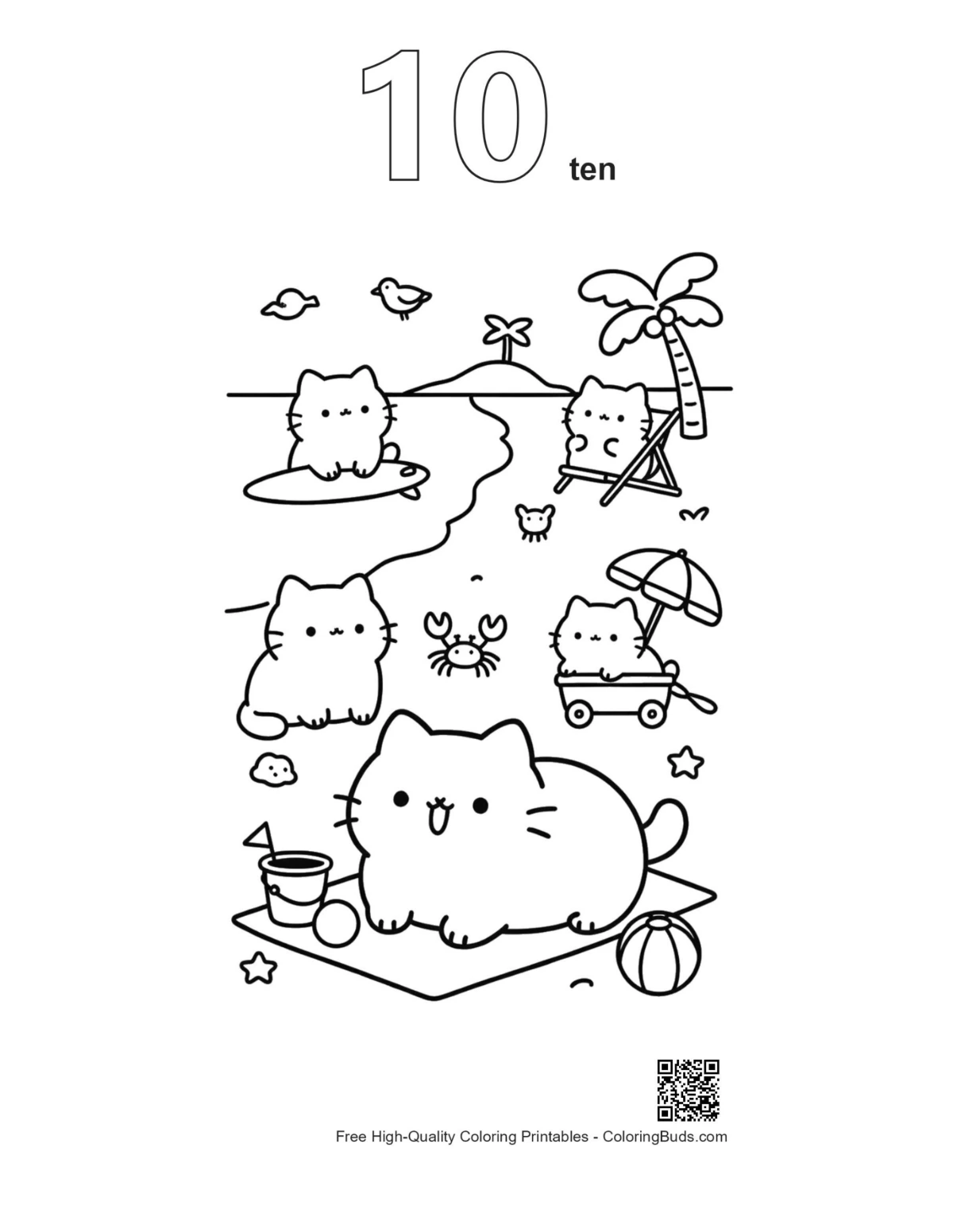 Kittens beach balls sea outline number 10 printable