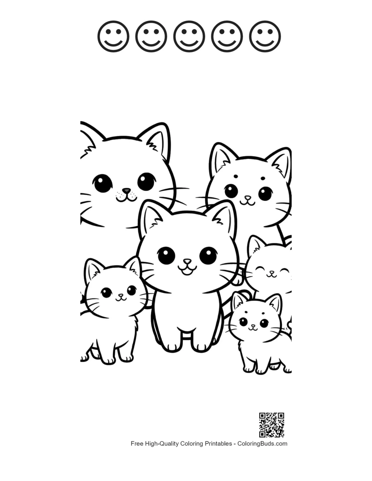 Kawaii kitten family with happy faces outline