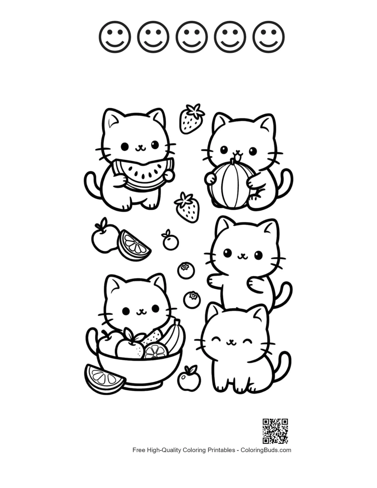 Cute Kawaii 5 happy faces outline