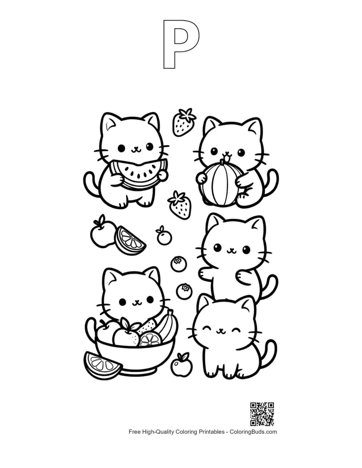 Kawaii alphabet P outline printable