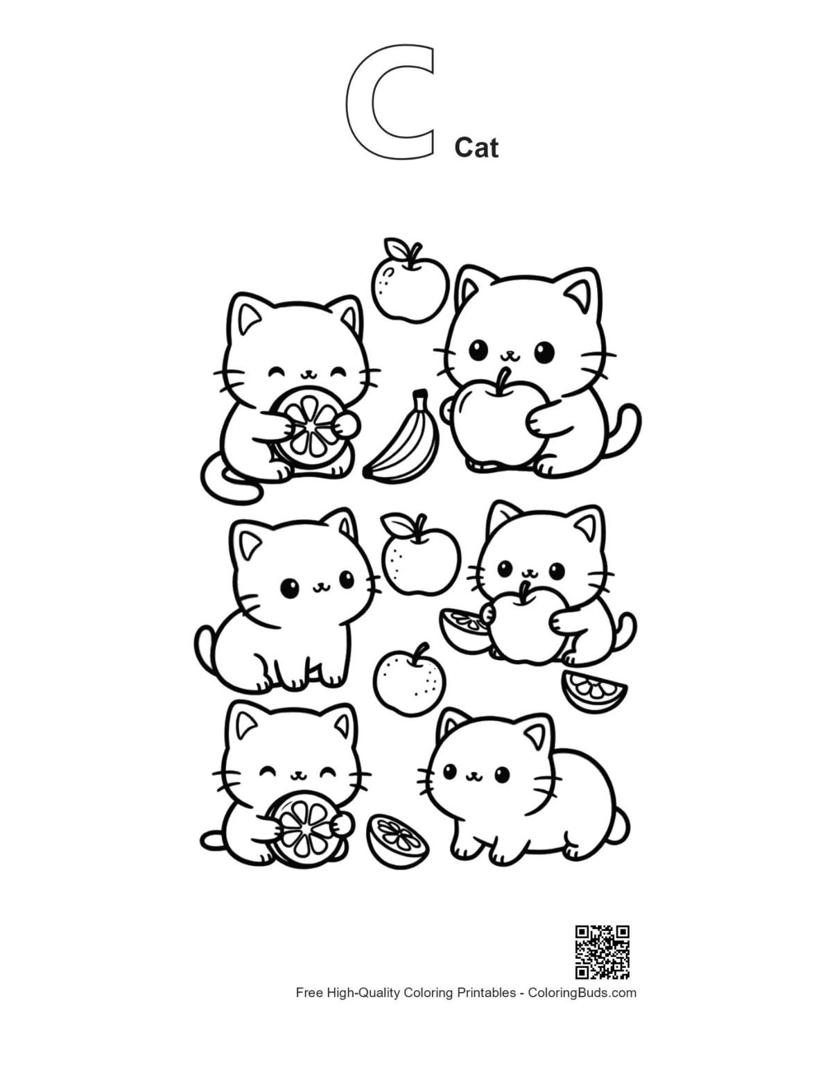 Kawaii cat alphabet C outline coloring page