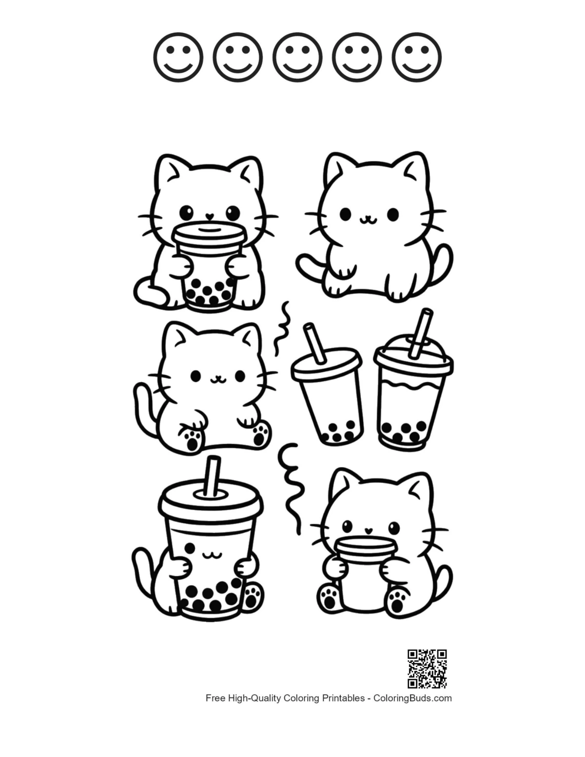 Cute Kawaii happy faces coloring printable