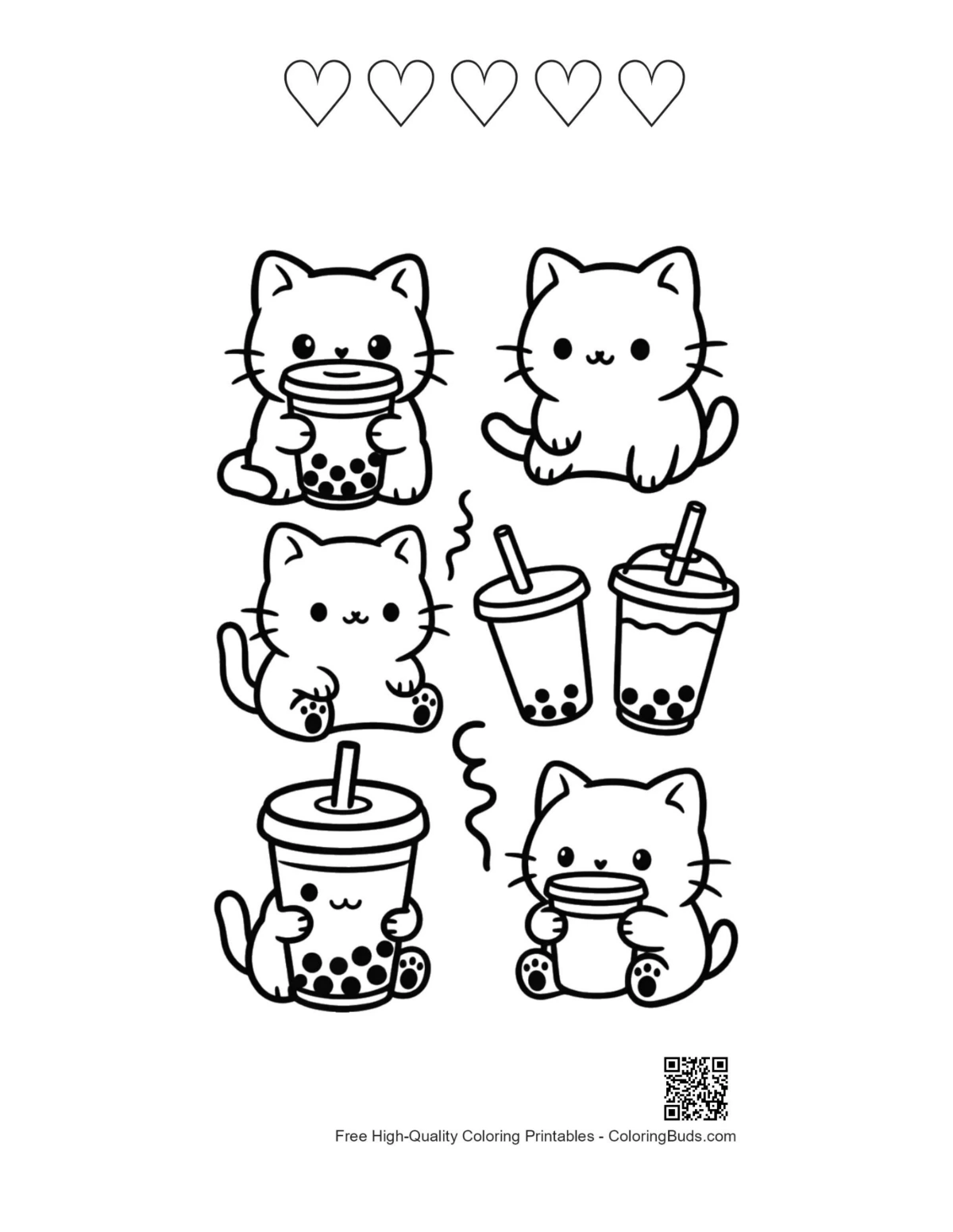 Easy Kawaii hearts coloring page printable