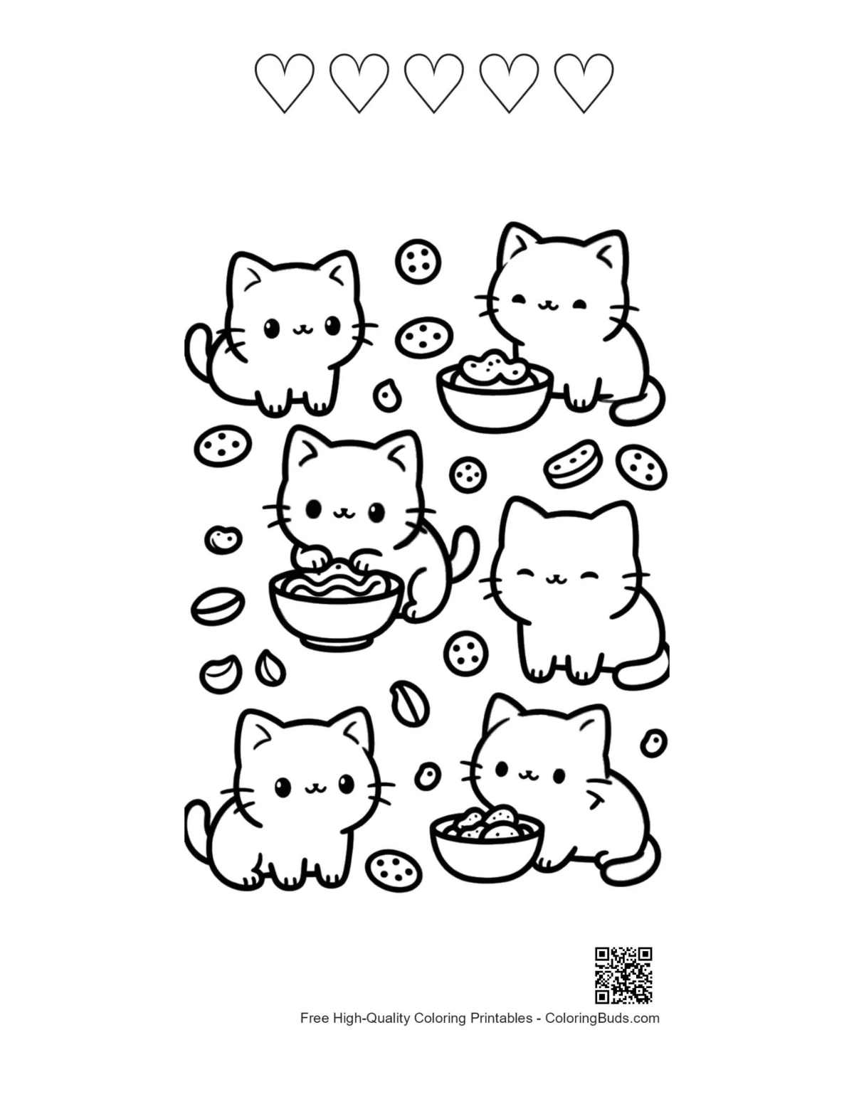 Easy Kawaii printable featuring 5 heart outlines