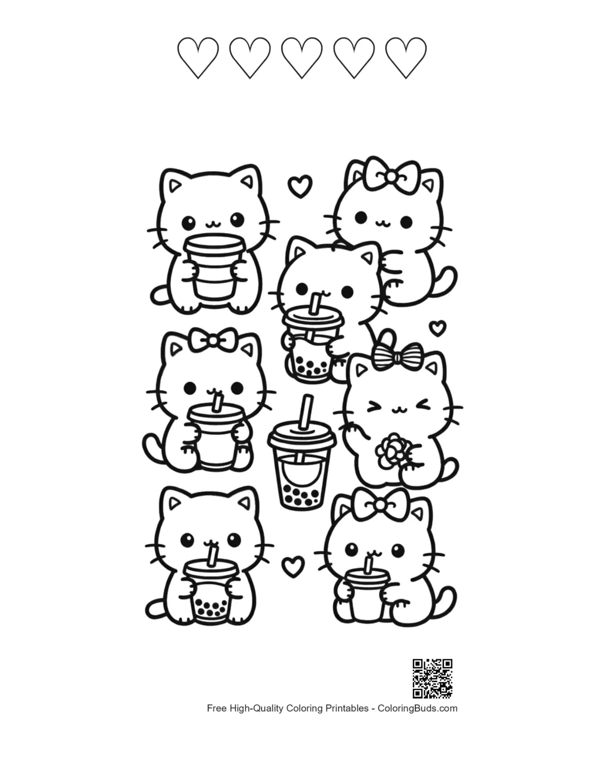 Kawaii bear 5 heart outline garden coloring page