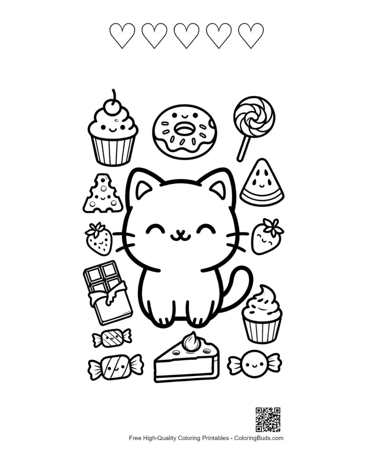 Kawaii bear printable with heart outlines
