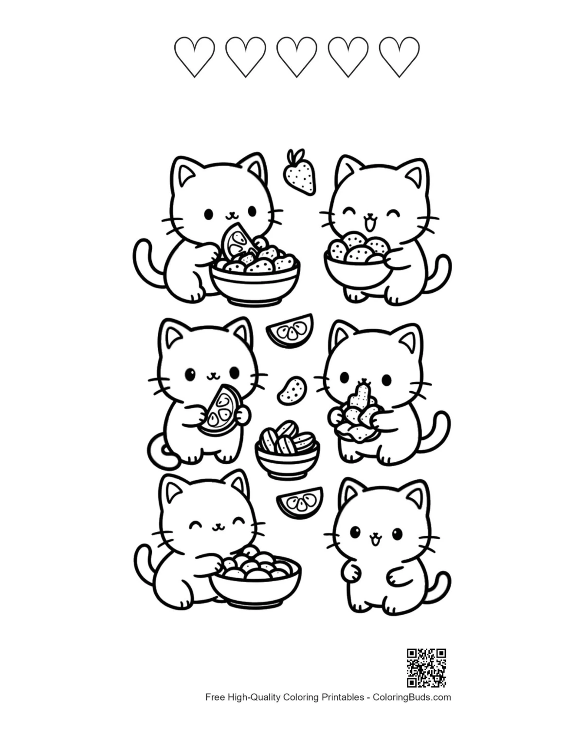 Kawaii printable with 5 heart outlines