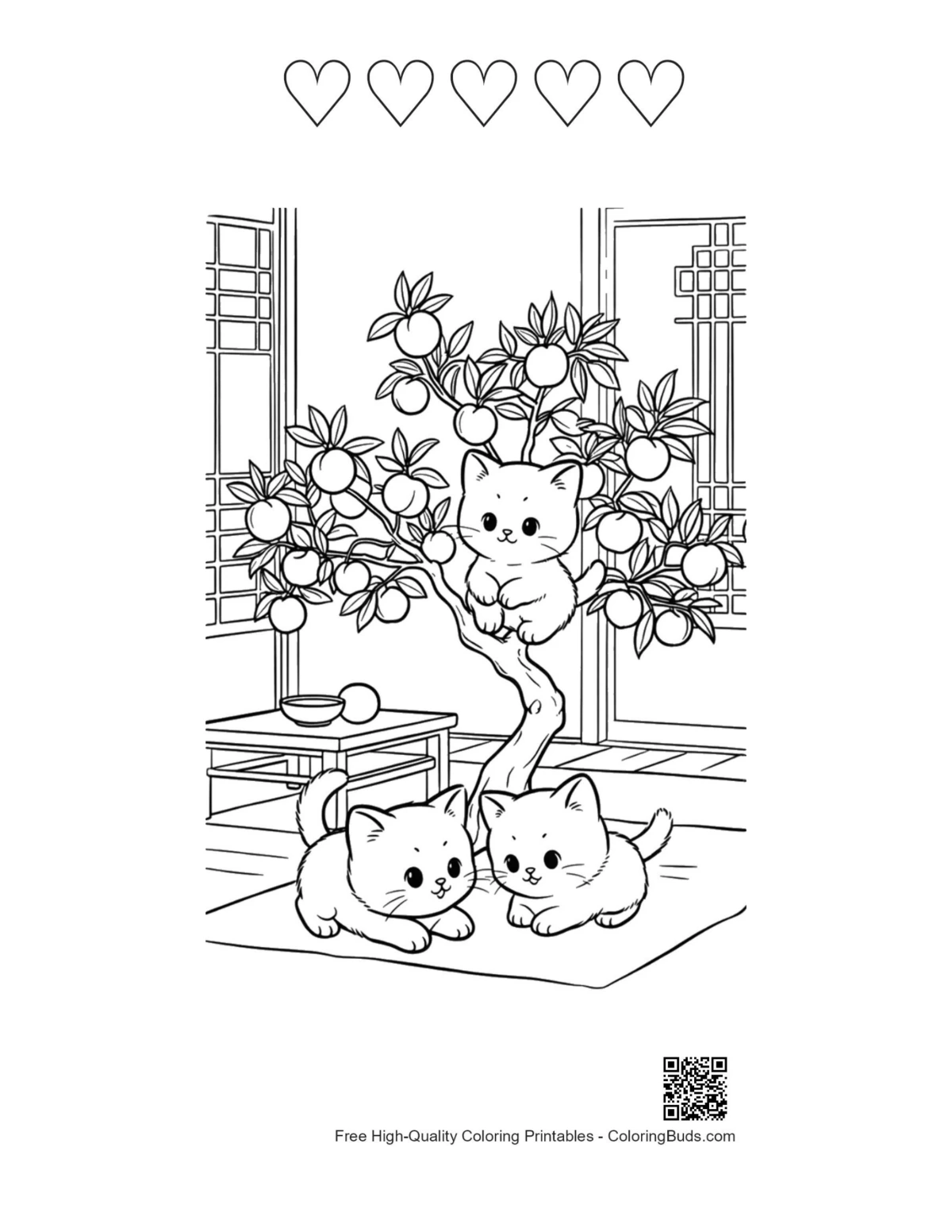 Kitten scout jungle with 5 hearts outline printable