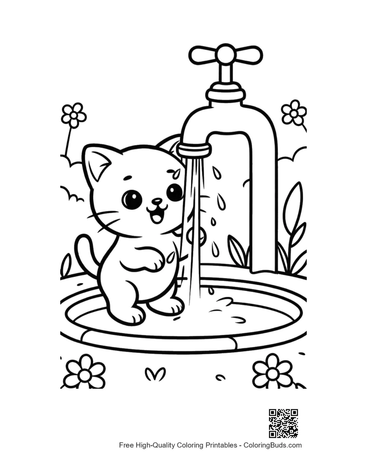 Curious kitten splashing garden tap water coloring page
