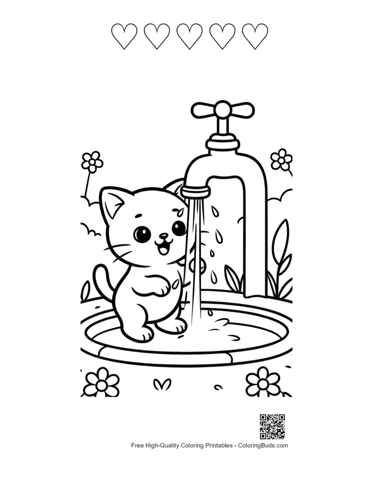 Kitten coloring with 5 heart outlines