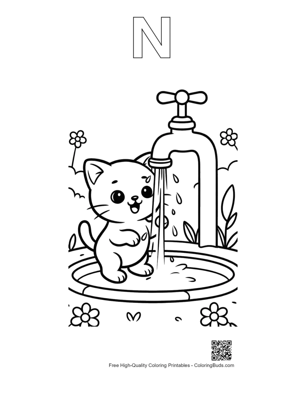 Kitten water play coloring page with letter N outline