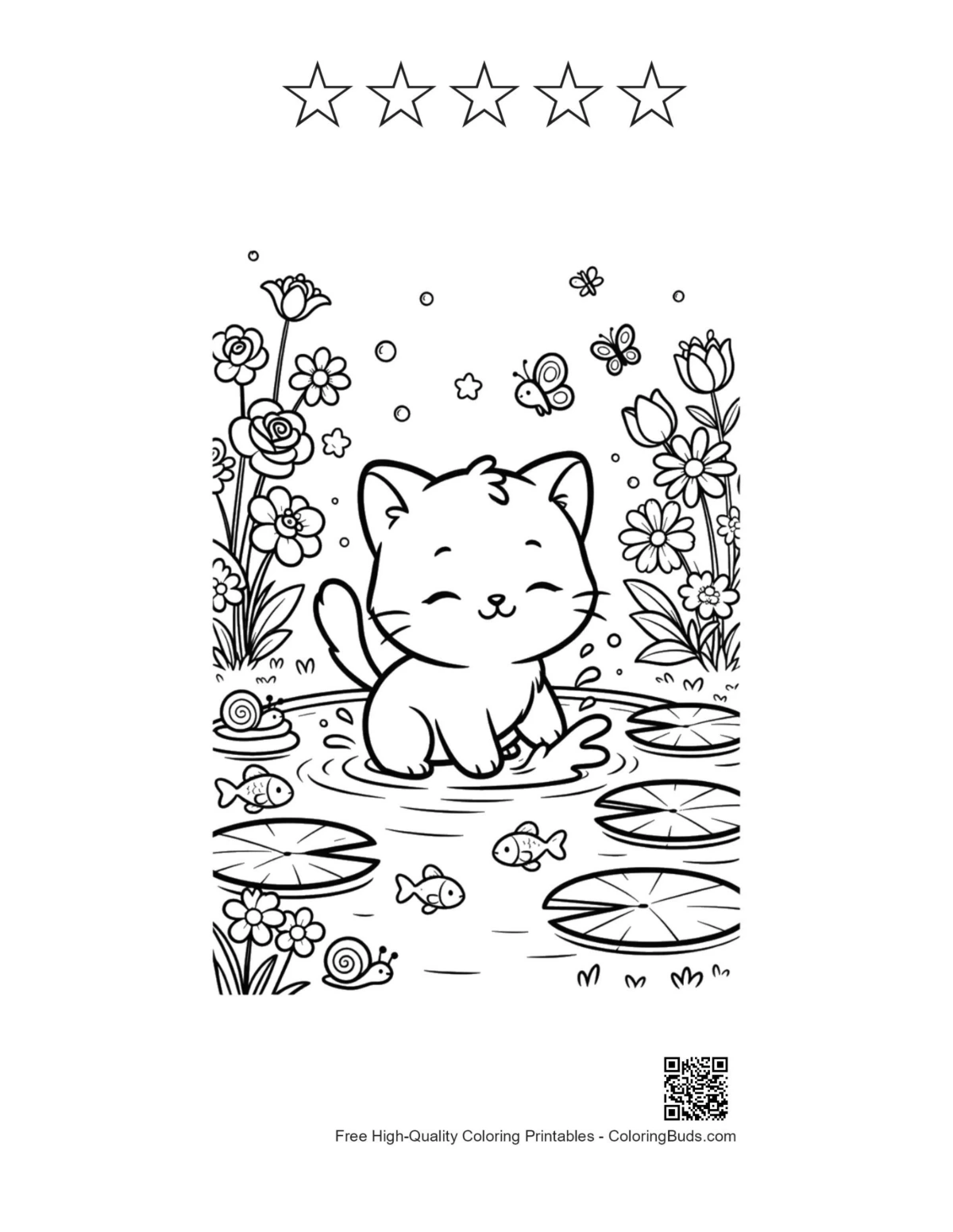 Cute kitten beach printable with 5 star outlines