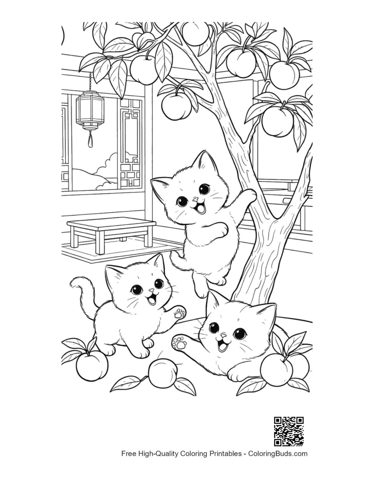 Cute kittens picnic in sunny park printable coloring page