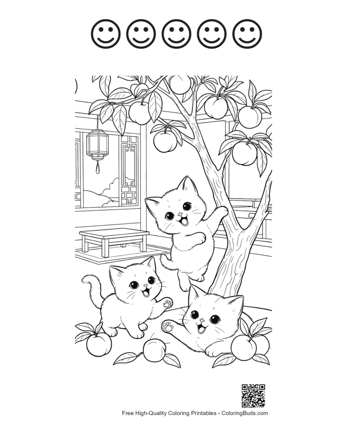 Kittens park picnic 5 happy faces outline coloring printable