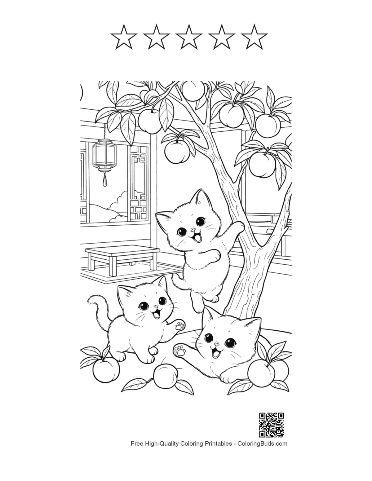 Cute kittens picnic with 5-star outline printable sheet