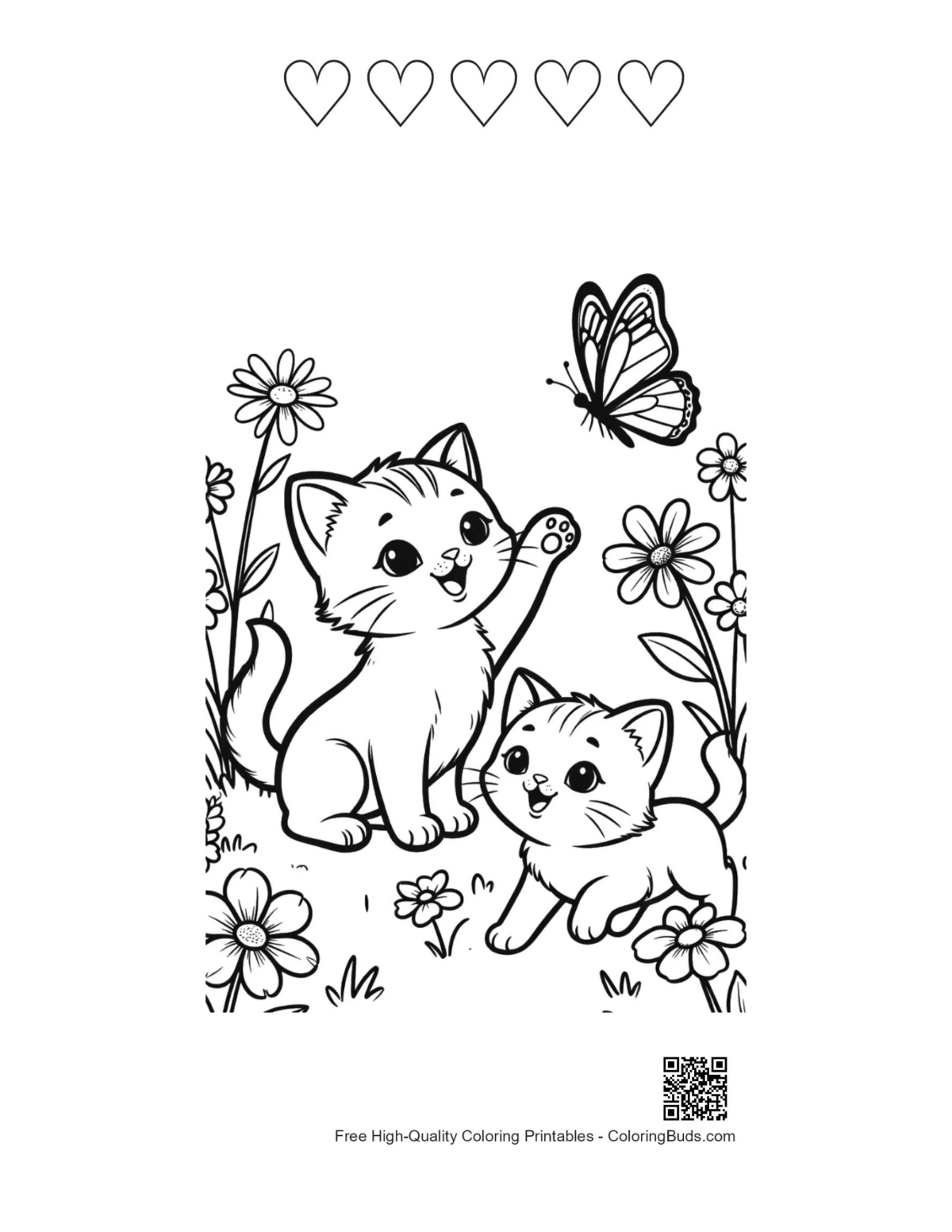 Kittens coloring page with 5 heart outlines
