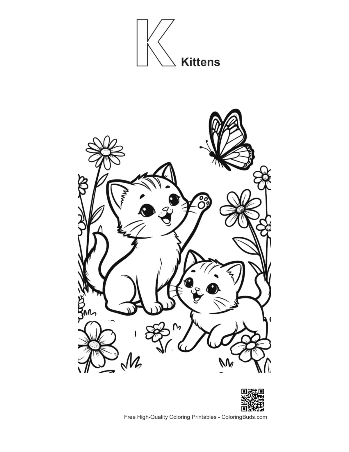 Alphabet K kittens coloring page printable outline