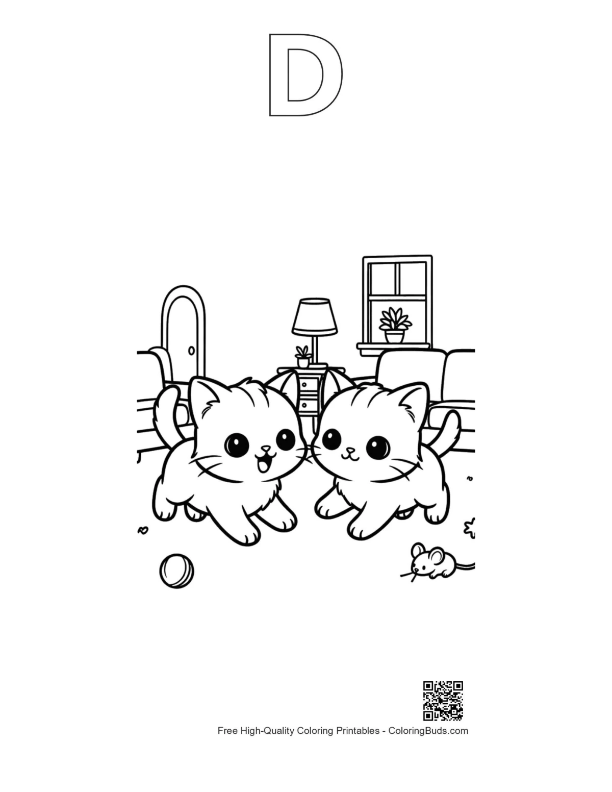 Kittens alphabet D outline coloring page