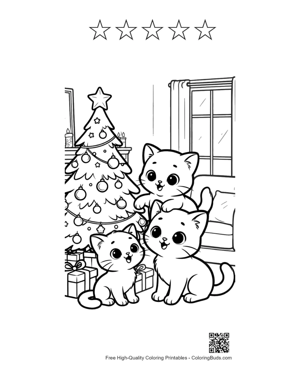 Easy kittens with 5 stars outline printable