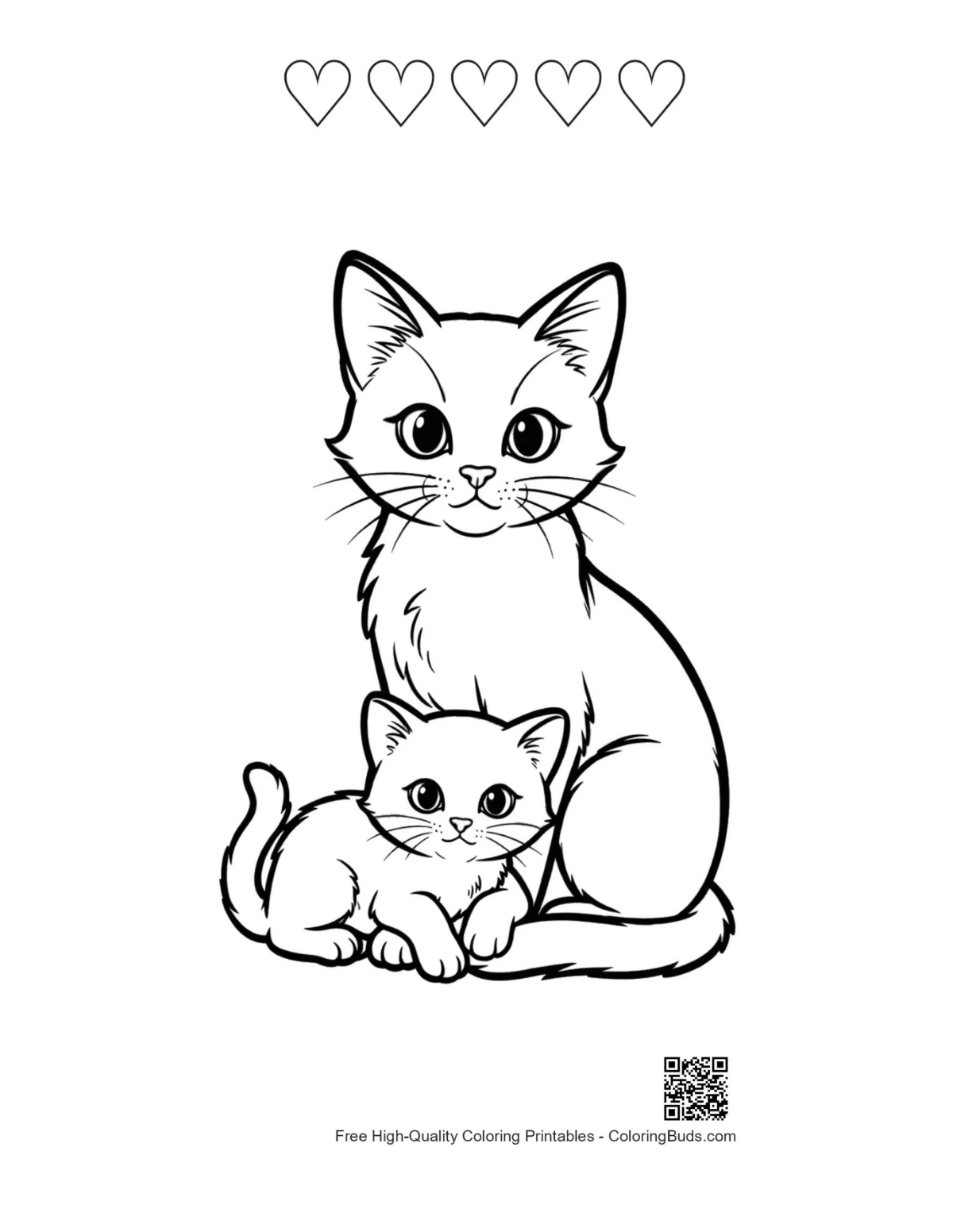 Mother cat kitten outline with 5 hearts printable