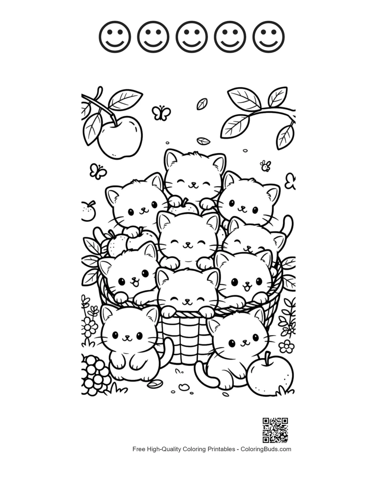 Kitten picnic printable 5 happy faces outlines