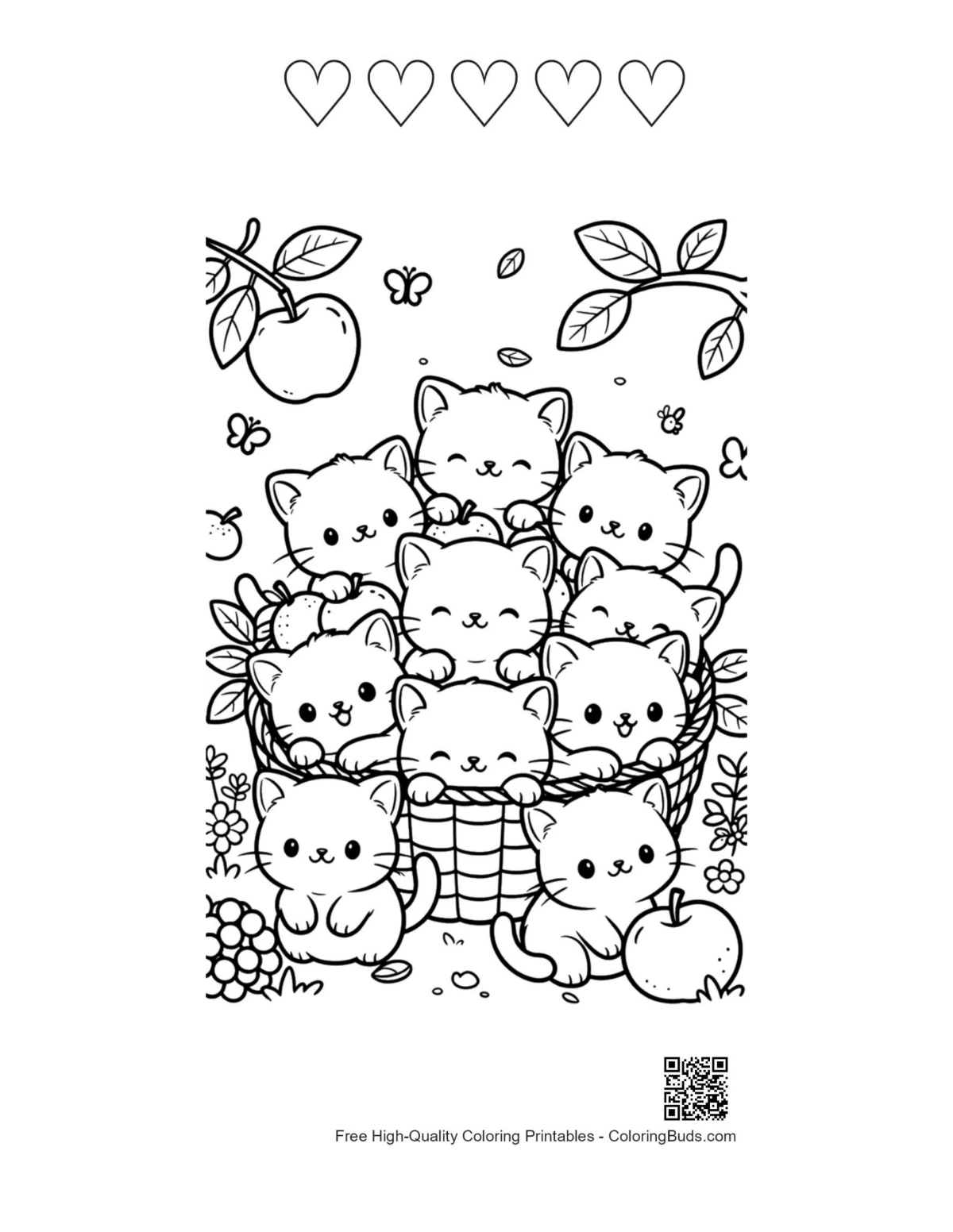 Cute kittens picnic with 5 heart outlines page