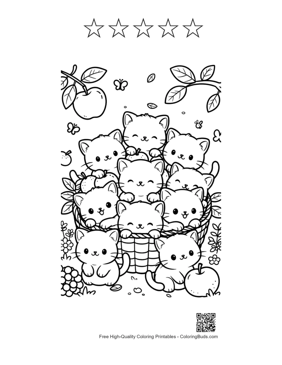 Kitten family picnic with 5 star outlines printable