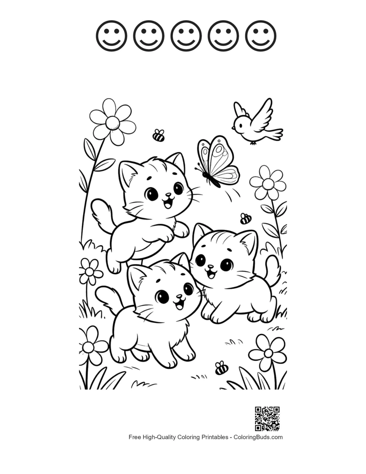 Kittens coloring page with 5 happy faces outline