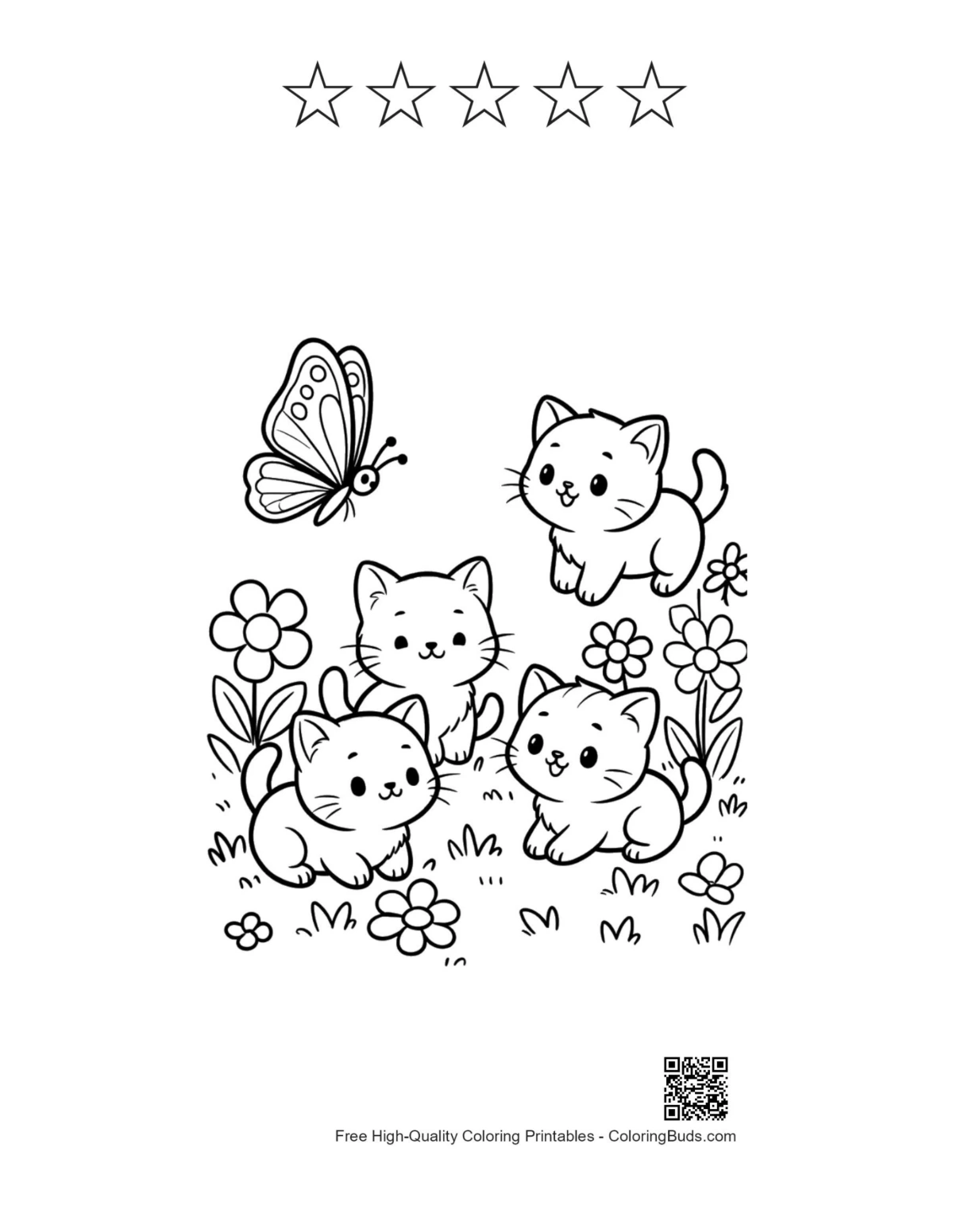 Kittens cuddling coloring page with 5-star outlines