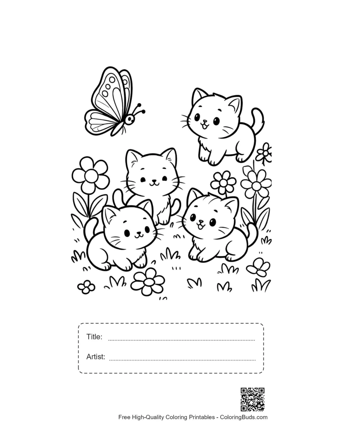 Cute kittens cuddling coloring page with title box
