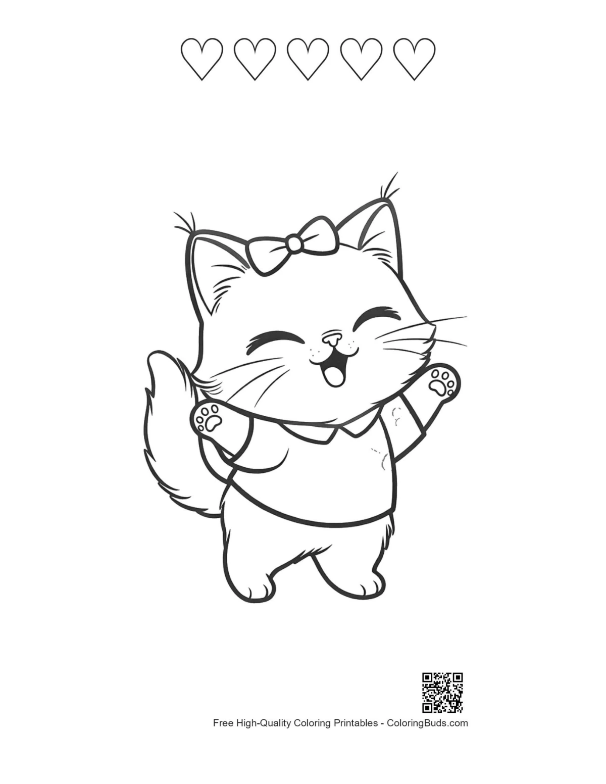 Cheerful Maine Coon kitten with 5 heart outline printable