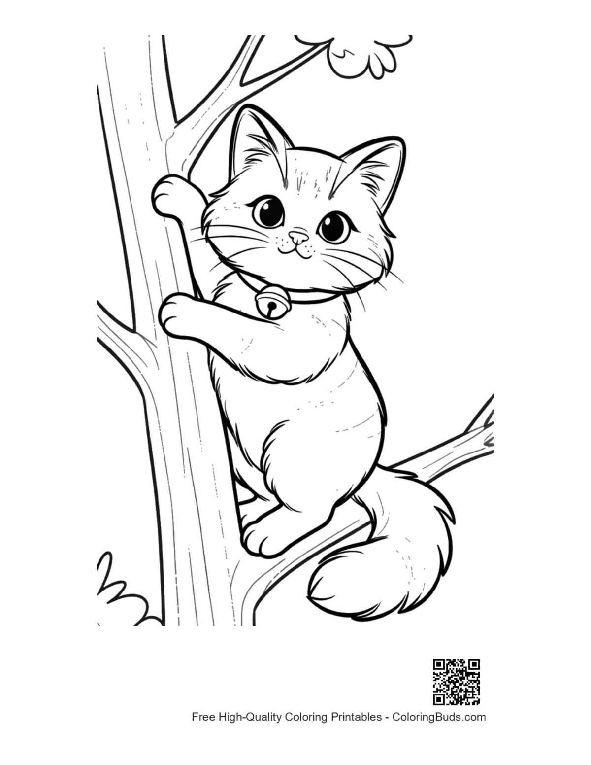 Cute Maine Coon kitten climbing tree trunk coloring page