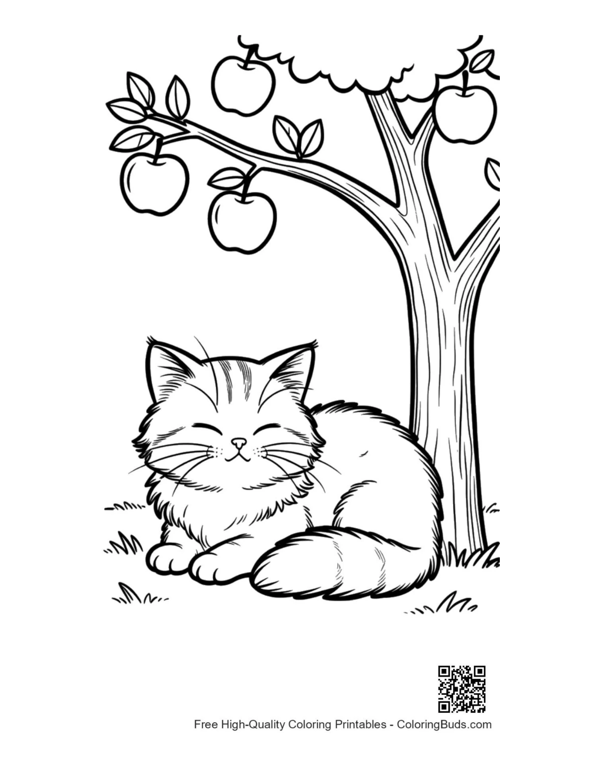Maine Coon kitten under tree with falling apples coloring page