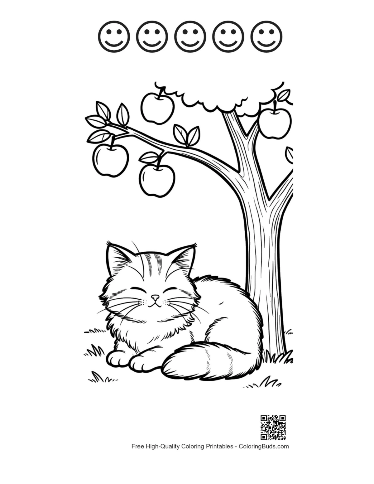Maine Coon coloring page with 5 happy face outlines