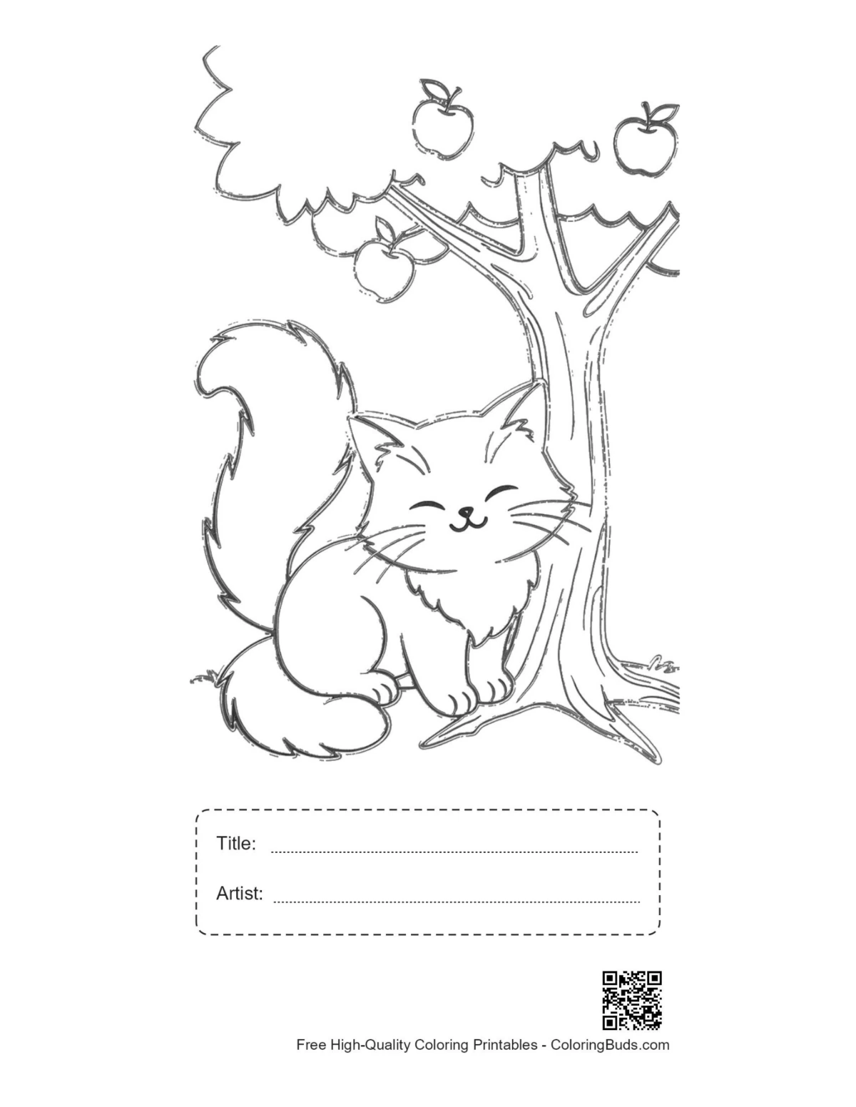 Maine Coon kitten coloring page with title artist box