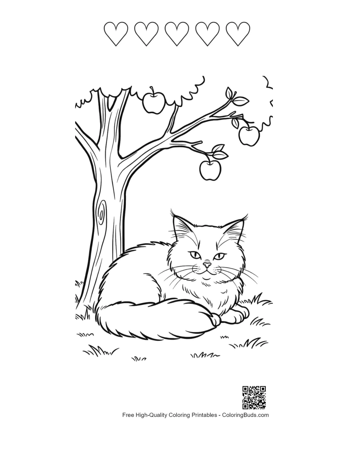 Maine Coon kitten under tree with heart outlines